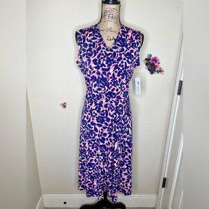 Leota Petals Finnley Faux Wrap Sleeveless Dress in Blue, White & Coral Size L